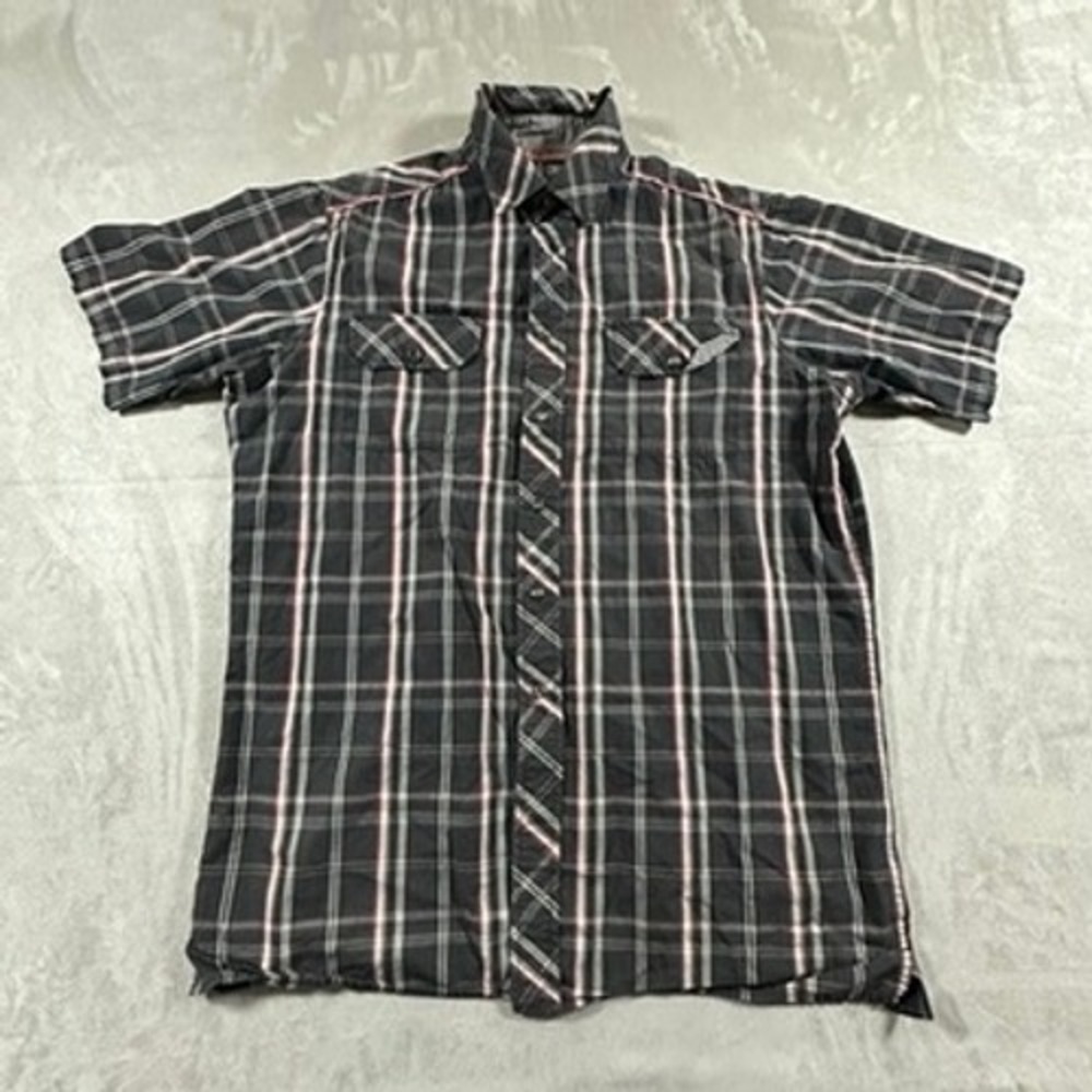 Y2K Ecko Unltd Plaid Button Down Mens Short Sleeve Pocket Shirt Medium Black Red